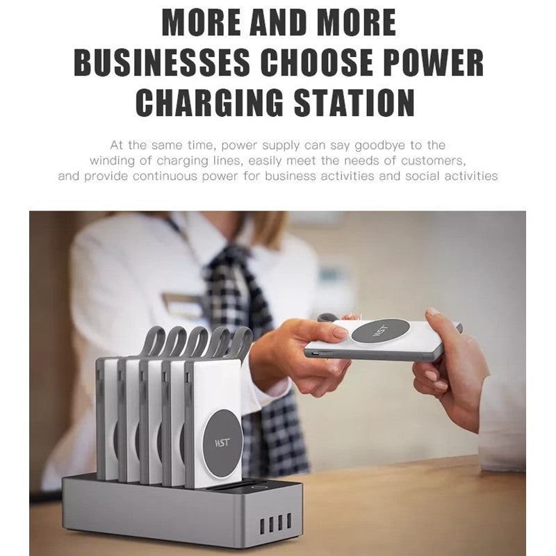 WST 6 In 1 Wireless Power Bank Docking Station (6 X 10,000 mAh), Aluminum + Abs Material,ith Built-in Cable (Lightning/Micro USB/Type C) WST 6 In 1 Wireless Power Bank Docking Station (6 X 10,000 mAh), Aluminum + Abs Material,ith Built-in Cable (Lightning/Micro USB/Type C)